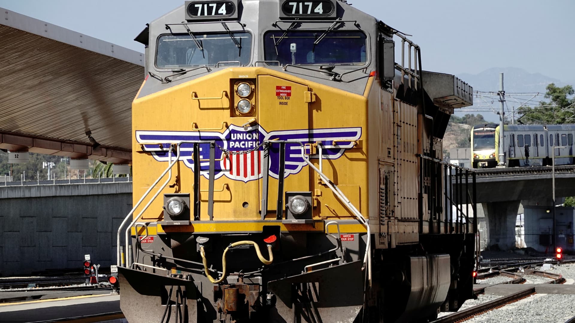 A GE AC4400CW diesel-electric locomotive in Union Pacific livery is seen near Union Station in Los Angeles, California, September 15, 2022.