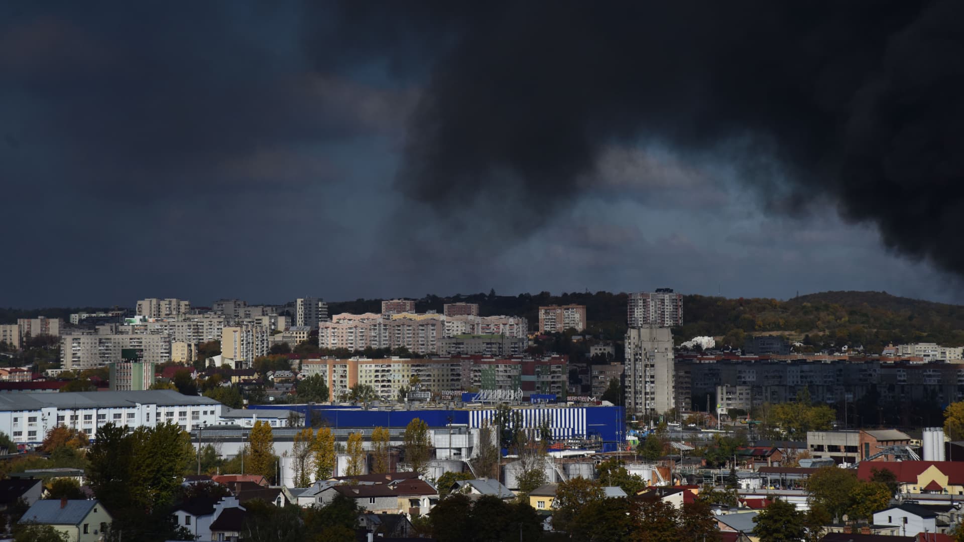 Smoke rises above the buildings after the Russian missile attack on the critical infrastructure of Lviv on Oct. 10, 2022. Russia launched 15 rockets in the Lviv region, some were shot down by air defense forces, the rest hit energy infrastructure facilities. Due to the rocket attack, Lviv was left without electricity, water and mobile communication.