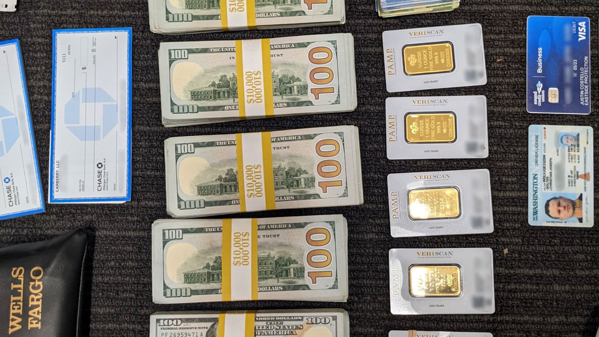Cash and gold bars as detailed in court filing in US District court in San Diego in case of former fugitive Justin Costello.