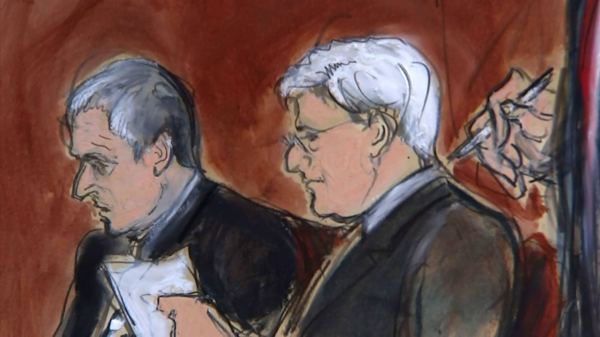 Courtroom sketch of James Patten, left, and attorney Ira Sorkin at N.J. District Court in Camden, N.J., Oct. 11, 2022