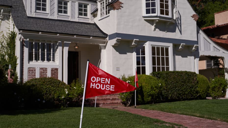 An 'open house' flag is displayed outside a single family home on September 22, 2022 in Los Angeles, California.
