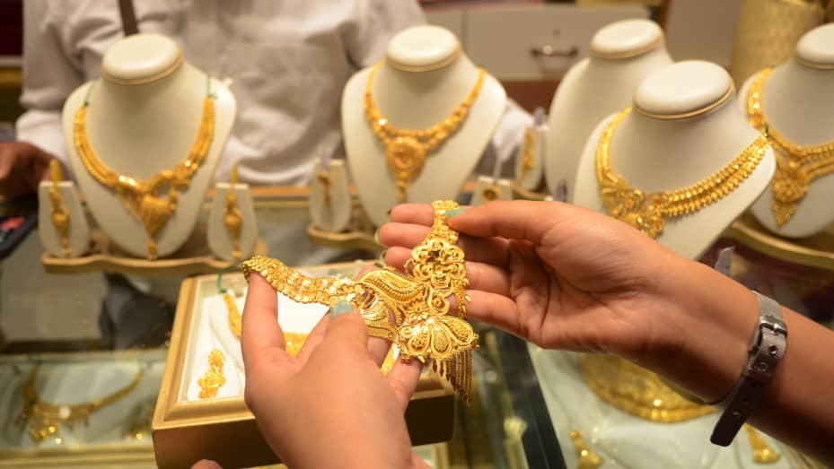 Gold jewellery in a shop in Kolkata, India.