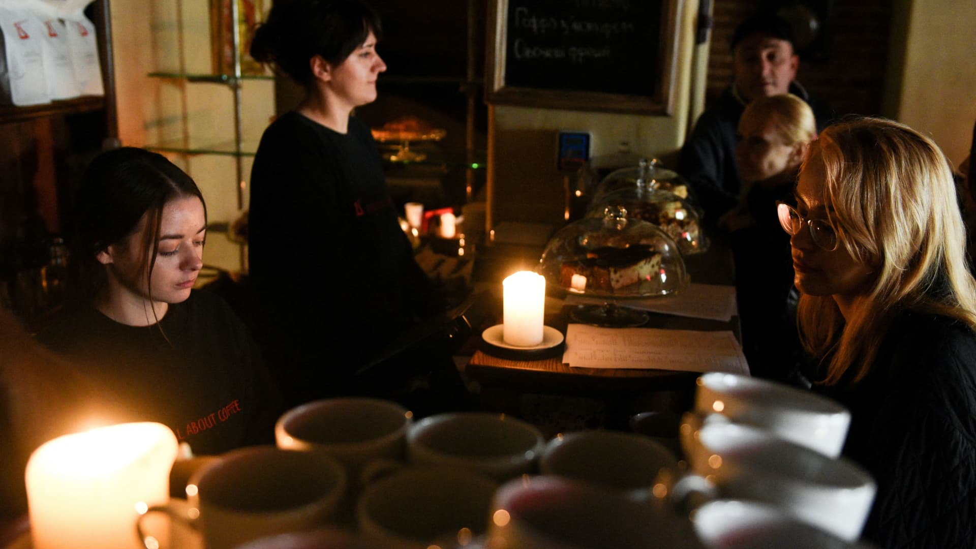 A cafe without electricity in western Ukrainian city of Lviv, after three Russian missiles fired targeted energy infrastructure on Oct. 11, 2022. Lviv's mayor said that one-third of homes were without power.