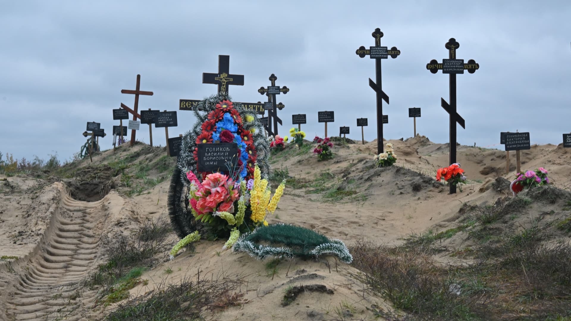A picture shows a mass grave of civilians at a cemetery near Lyman, Donetsk region, on October 11, 2022.
