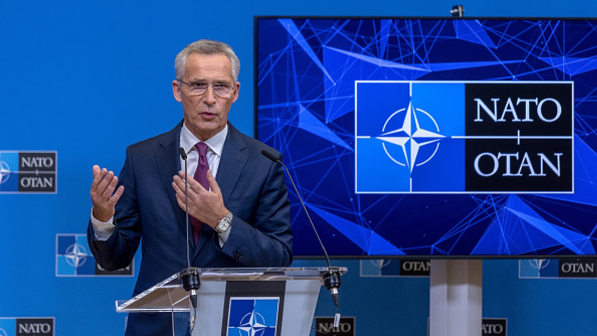 NATO Secretary General Jens Stoltenberg holds a closing press conference during the second of two days of defence ministers' meetings at NATO headquarters on October 13, 2022 in Brussels, Belgium.