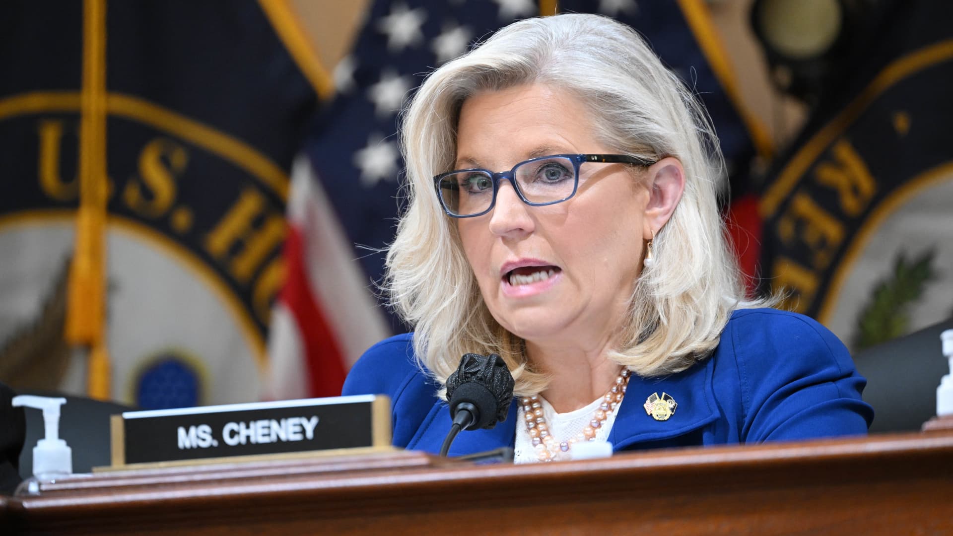 Committee Vice Chair Liz Cheney speaks at a US House Select Committee hearing to Investigate the January 6 Attack on the US Capitol, on Capitol Hill in Washington, DC, on October 13, 2022.