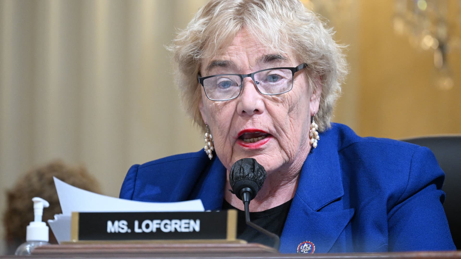 Committee member, US Representative Zoe Lofgren, Democrat of California, speaks at a US House Select Committee hearing to Investigate the January 6 Attack on the US Capitol, on Capitol Hill in Washington, DC, on October 13, 2022.