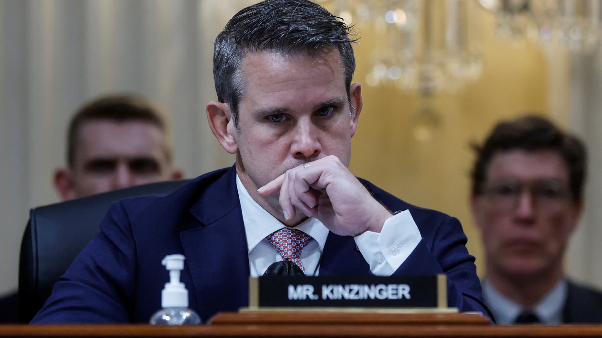U.S. Representative Adam Kinzinger (R-IL) listens during a public hearing of the U.S. House Select Committee to investigate the January 6 Attack on the U.S. Capitol, October 13, 2022.