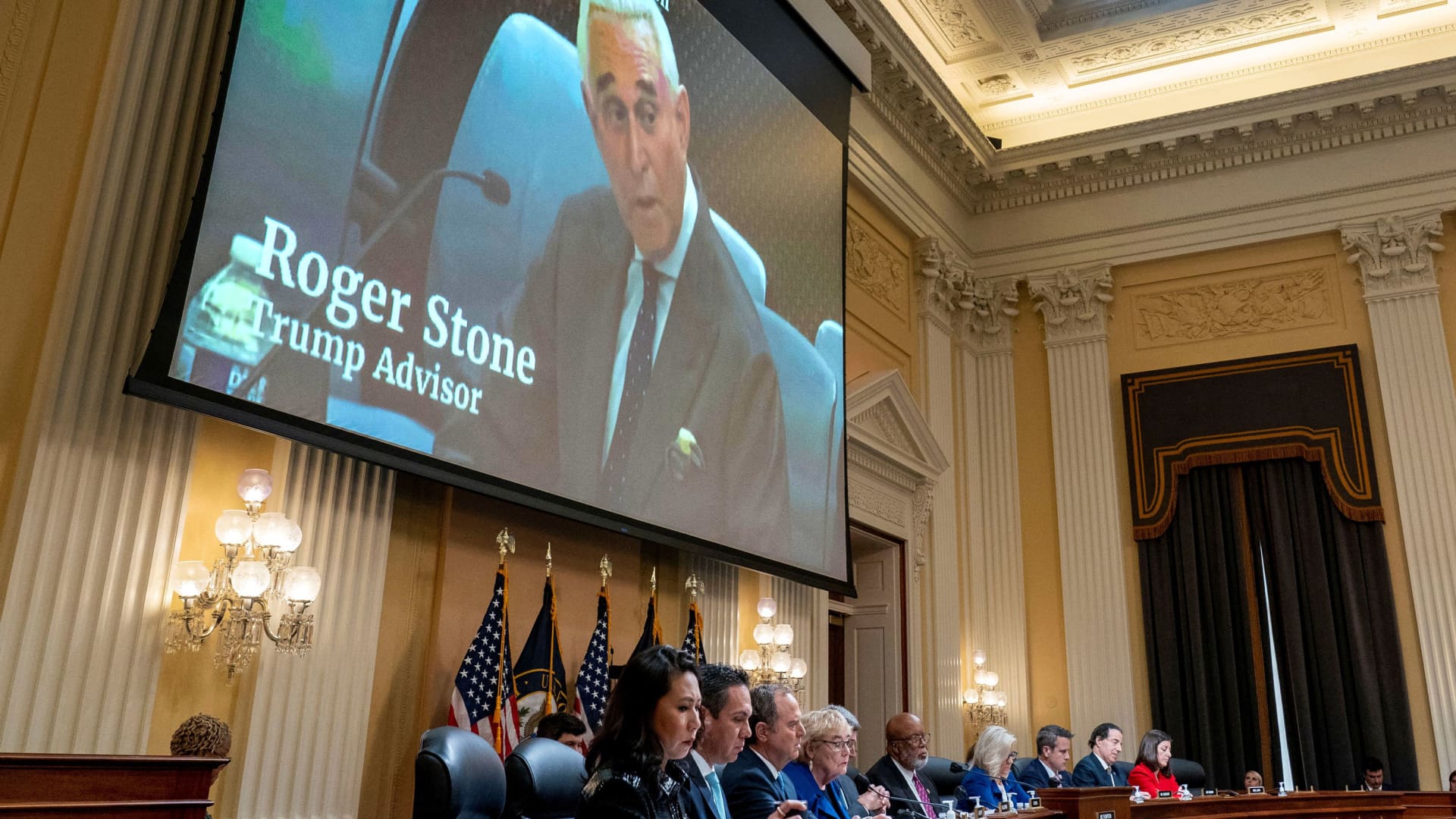 A video deposition with Roger Stone, a conservative political operative and consultant, is played during a hearing by U.S. House Select Committee to Investigate the January 6th Attack on the U.S. Capitol, on Capitol Hill in Washington, October 13, 2022.