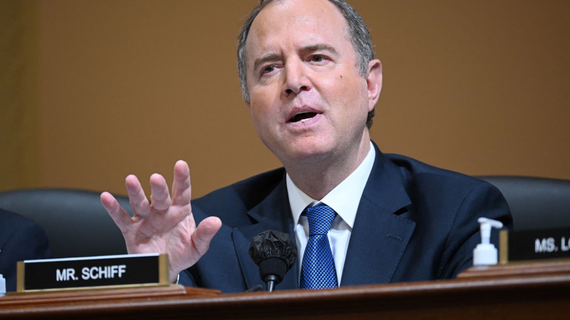 Committee member, US Representative Adam Schiff, Democrat of California, speaks during a US House Select Committee hearing to Investigate the January 6 Attack on the US Capitol, on Capitol Hill in Washington, DC, on October 13, 2022.