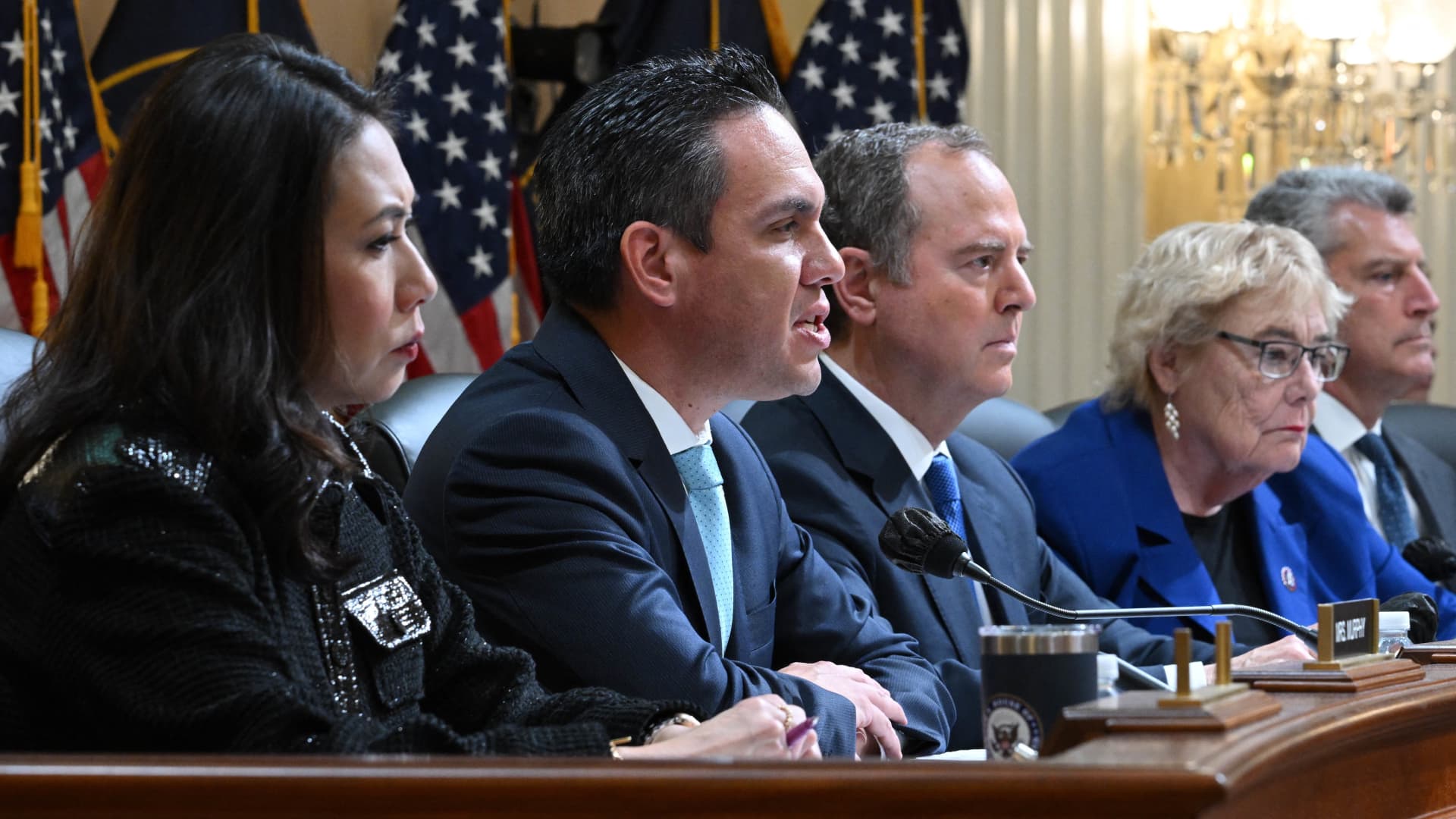 Committee member, US Representative Pete Aguilar (2nd from left), Democrat of California, speaks during a US House Select Committee hearing to Investigate the January 6 Attack on the US Capitol, on Capitol Hill in Washington, DC, on October 13, 2022.