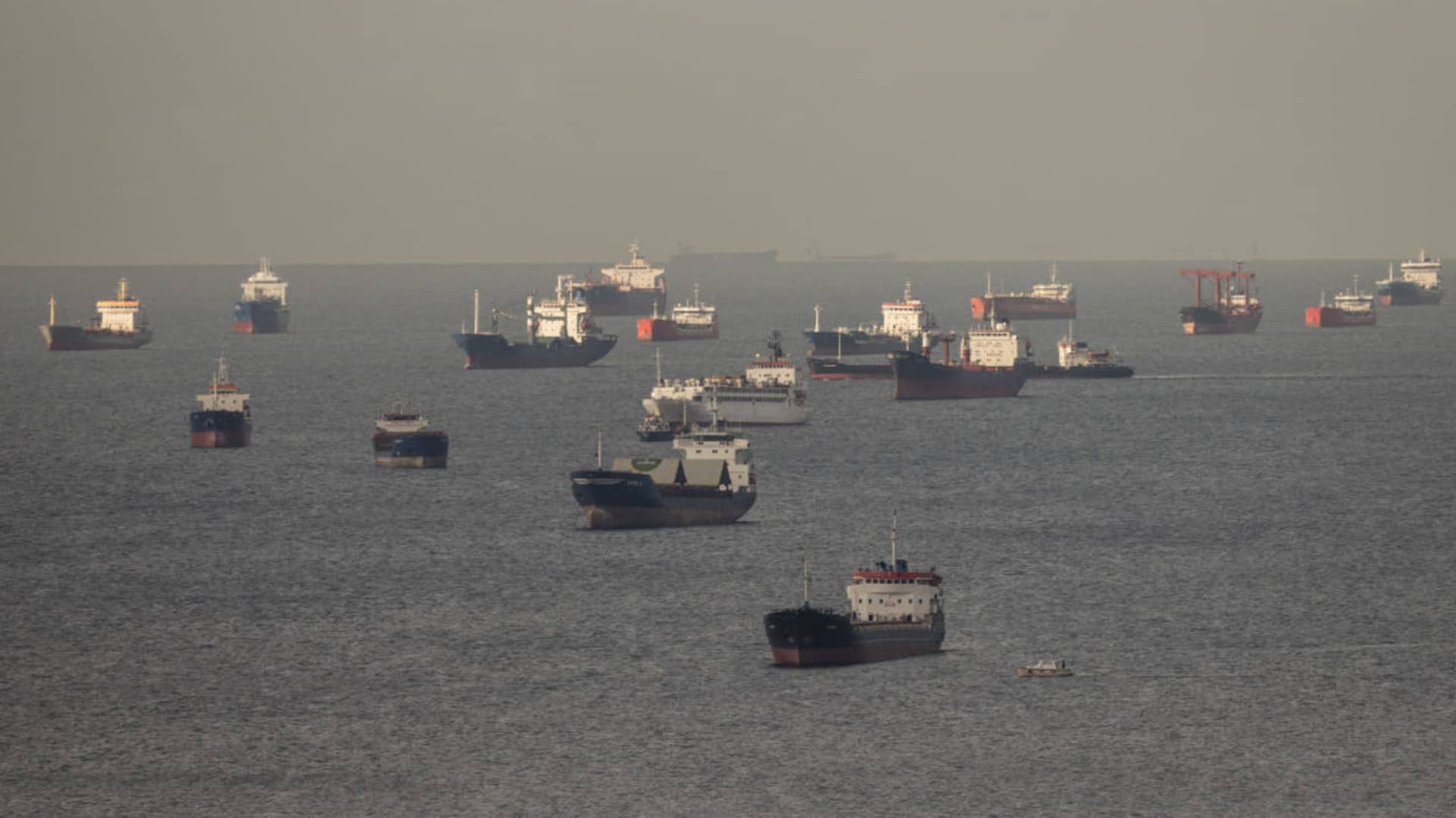 Ships, including those carrying grain from Ukraine and awaiting inspections are seen anchored off the Istanbul coastline on October 14, 2022 in Istanbul, Turkey.