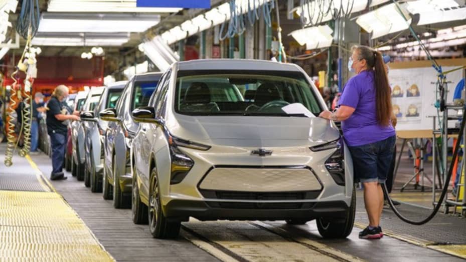 UAW Local 5960 member Kimberly Fuhr inspects a Chevrolet Bolt EV during vehicle production on Thursday, May 6, 2021, at the General Motors Orion Assembly Plant in Orion Township, Michigan.