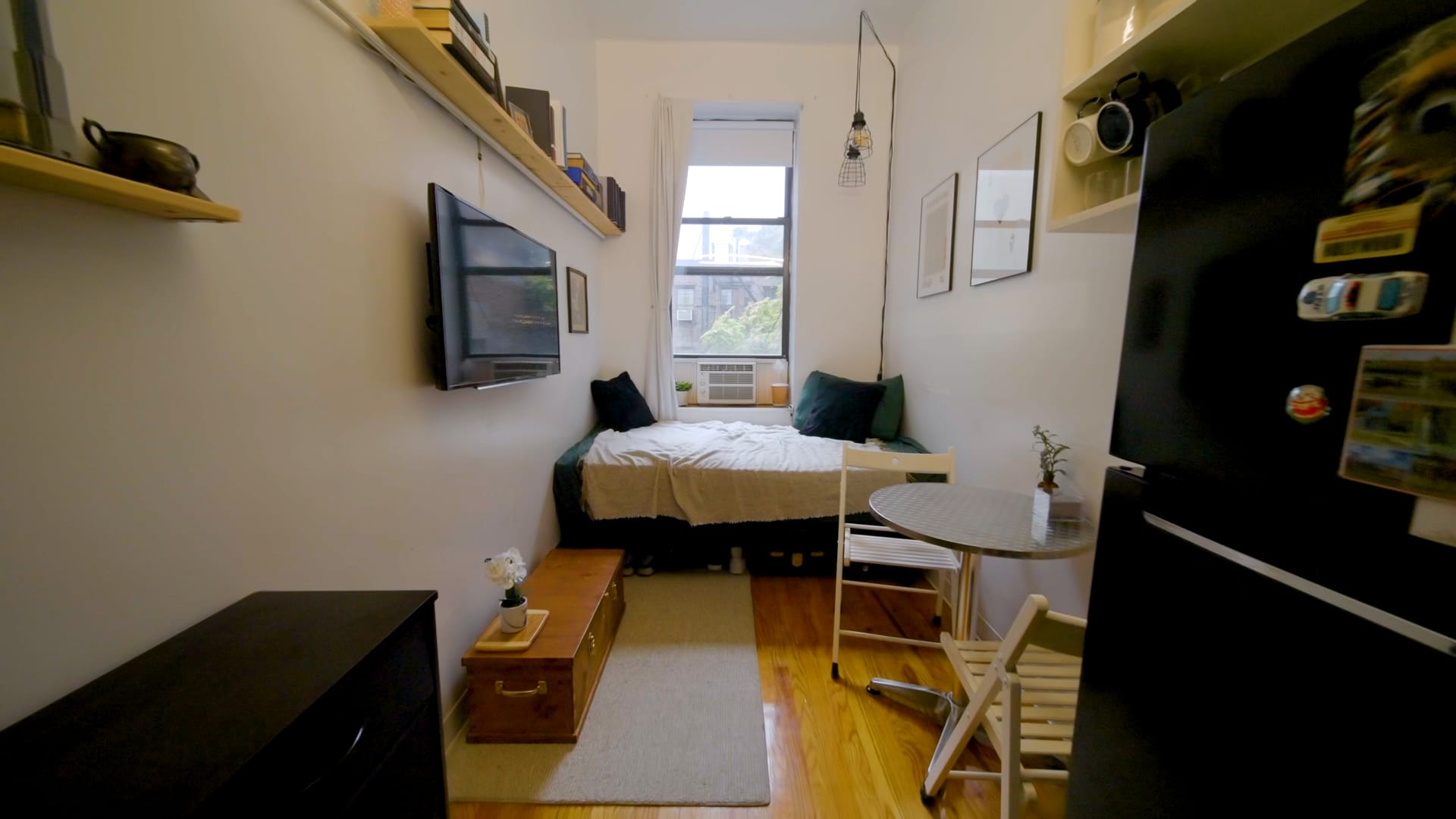Verhaeg's 95 sq. ft apartment is about 16 feet x 8 feet or about the size of an average parking spot.