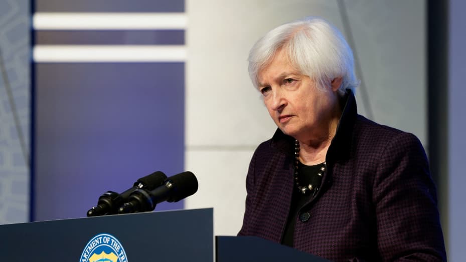U.S. Treasury Secretary Janet Yellen listens to a reporter's question at a news conference during the Annual Meetings of the International Monetary Fund and World Bank in Washington, U.S., October 14, 2022. REUTERS/Elizabeth Frantz