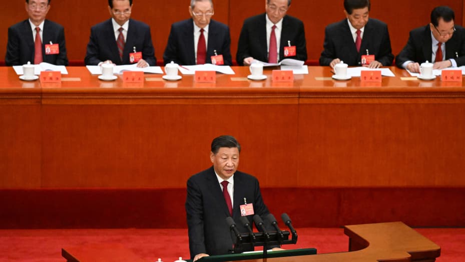 China's President Xi Jinping speaks during the opening session of the 20th Chinese Communist Party's Congress at the Great Hall of the People in Beijing on October 16, 2022. (Photo by Noel CELIS / AFP) (Photo by NOEL CELIS/AFP via Getty Images)