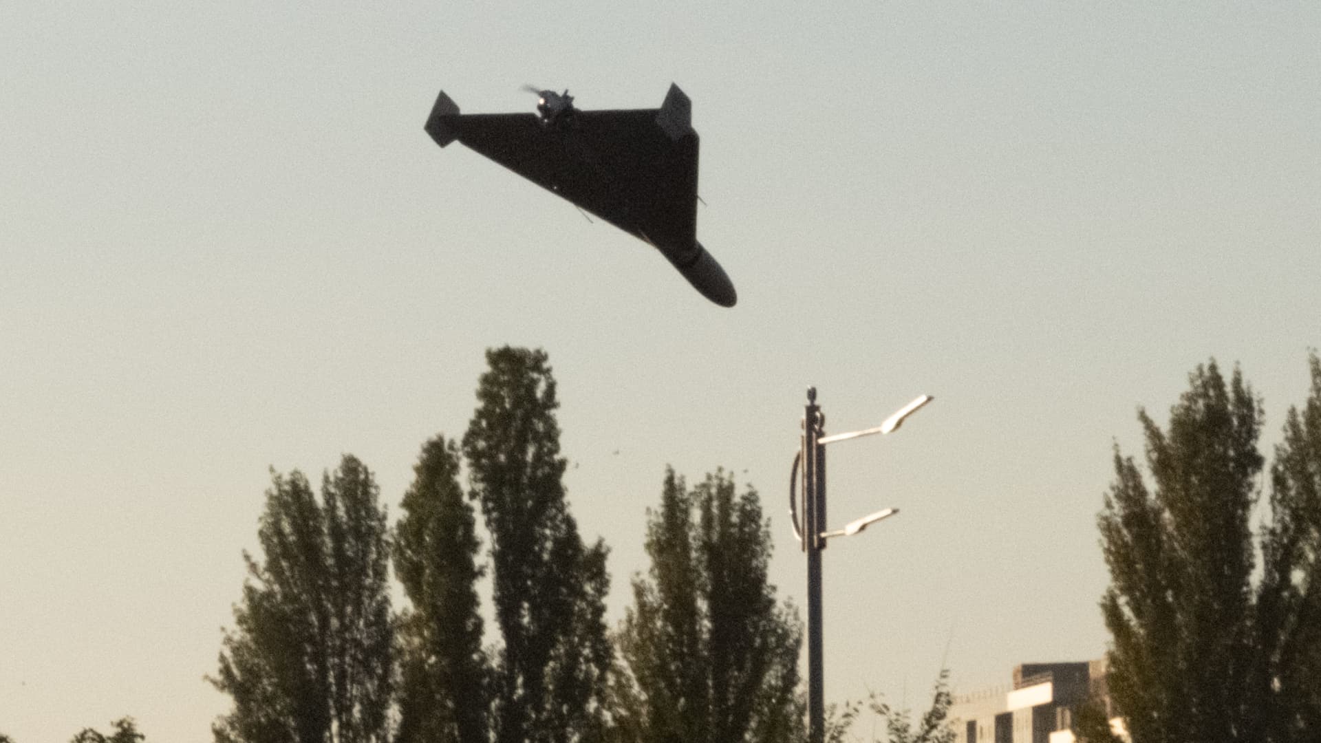 A self-detonating drone approaches for an attack in Kyiv on Oct. 17, 2022.