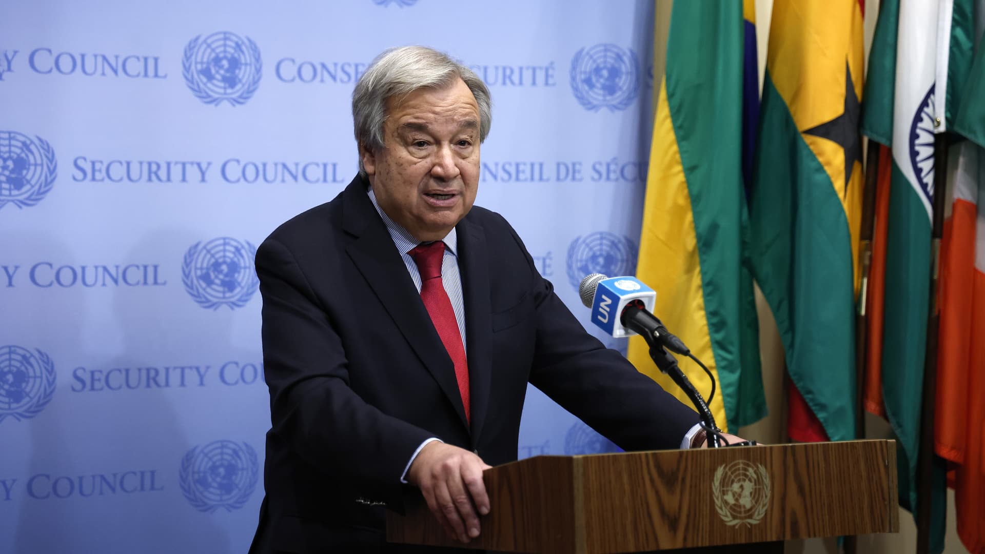 UN Secretary General Antonio Guterres speaks to the press about the current hostilities in Ethiopia at the United Nations headquarters on October 17, 2022 in New York City.