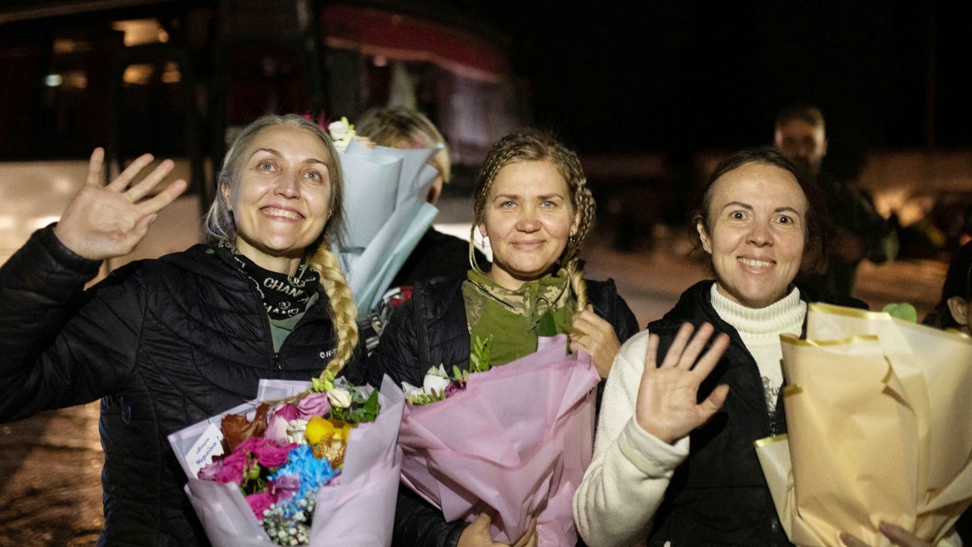 Ukrainian prisoners of war (POWs) react, amid Russia's attack on Ukraine, as they arrive in Zaporizhzhia, Ukraine October 17, 2022.