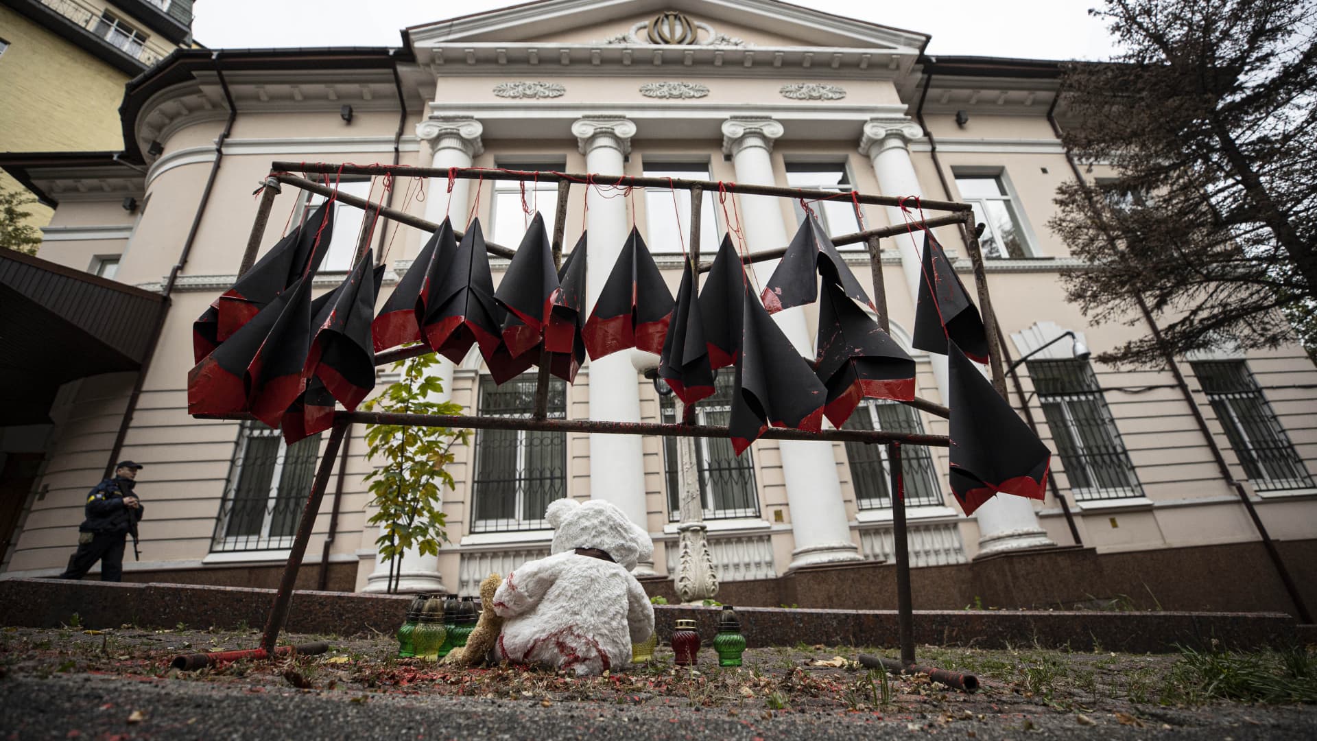 Hanged paper planes are seen in front of the Iranian Embassy during the protest against Iran's allegedly supply of drones to Russia after Kyiv was hit by a series of deadly strikes on Monday, in Kyiv, Ukraine, on October 18, 2022.