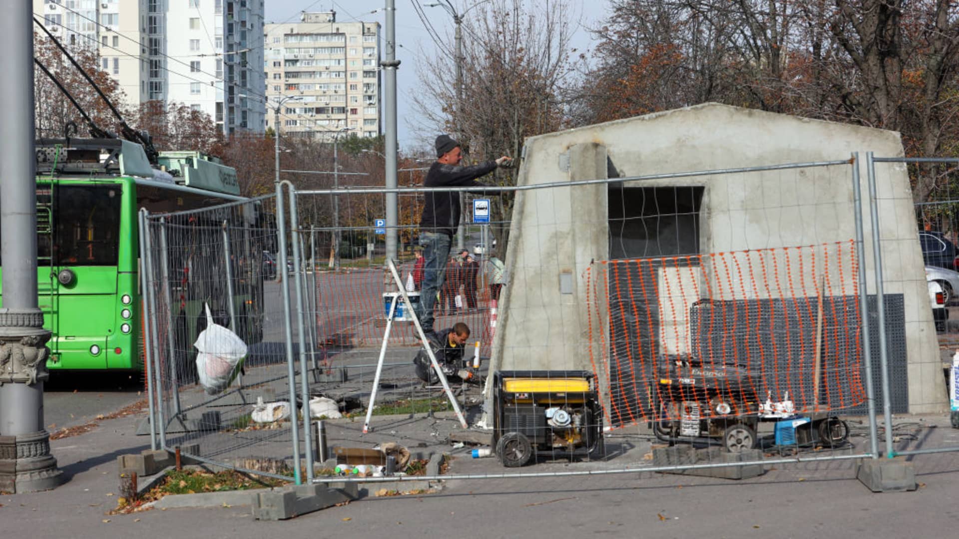 A concrete bomb shelter set next to one of the bus stops, Kharkiv, norheastern Ukraine. 