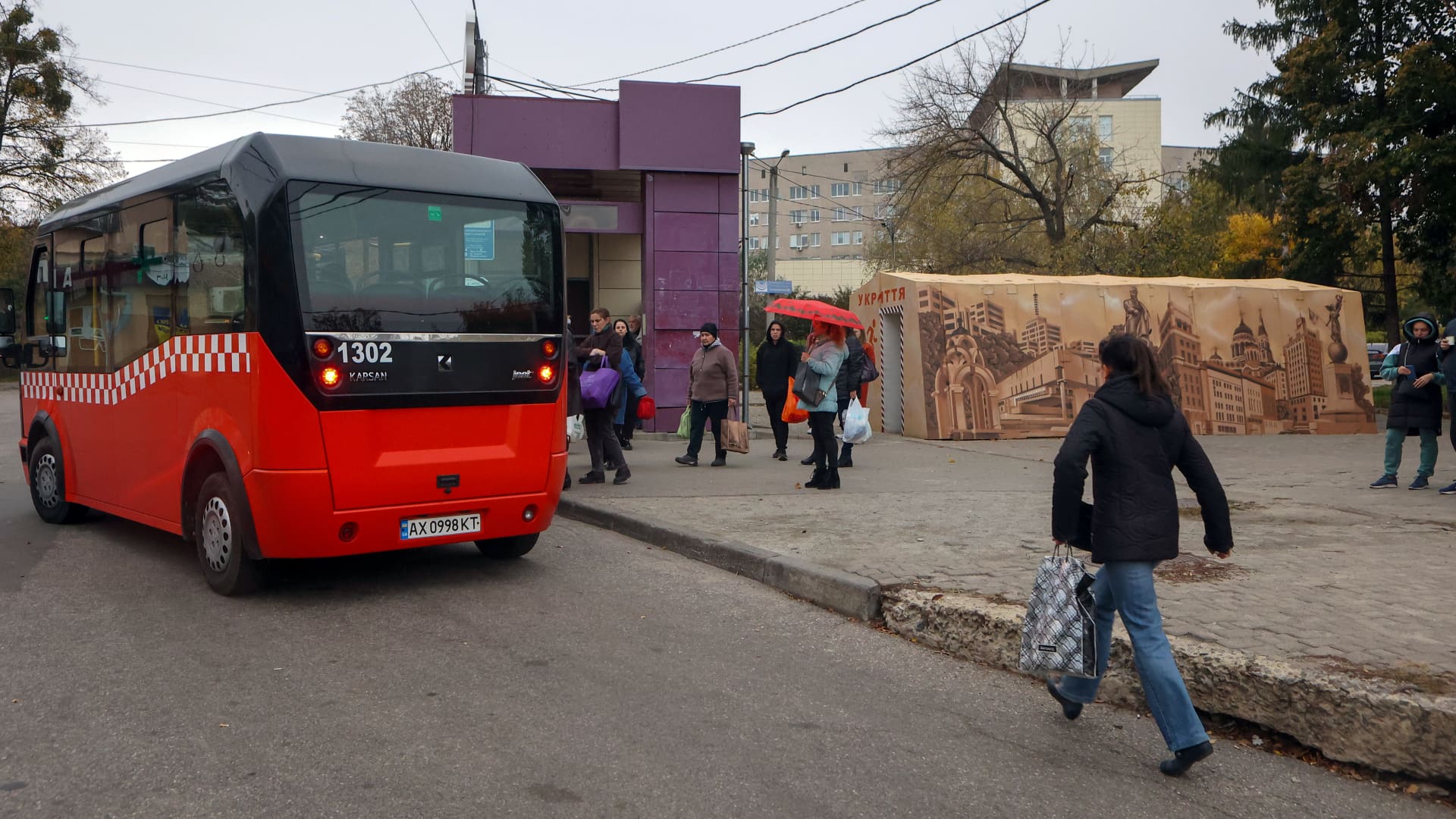 A bus is seen at a public transport stop where a concrete shelter was installed, Kharkiv, norheastern Ukraine. 