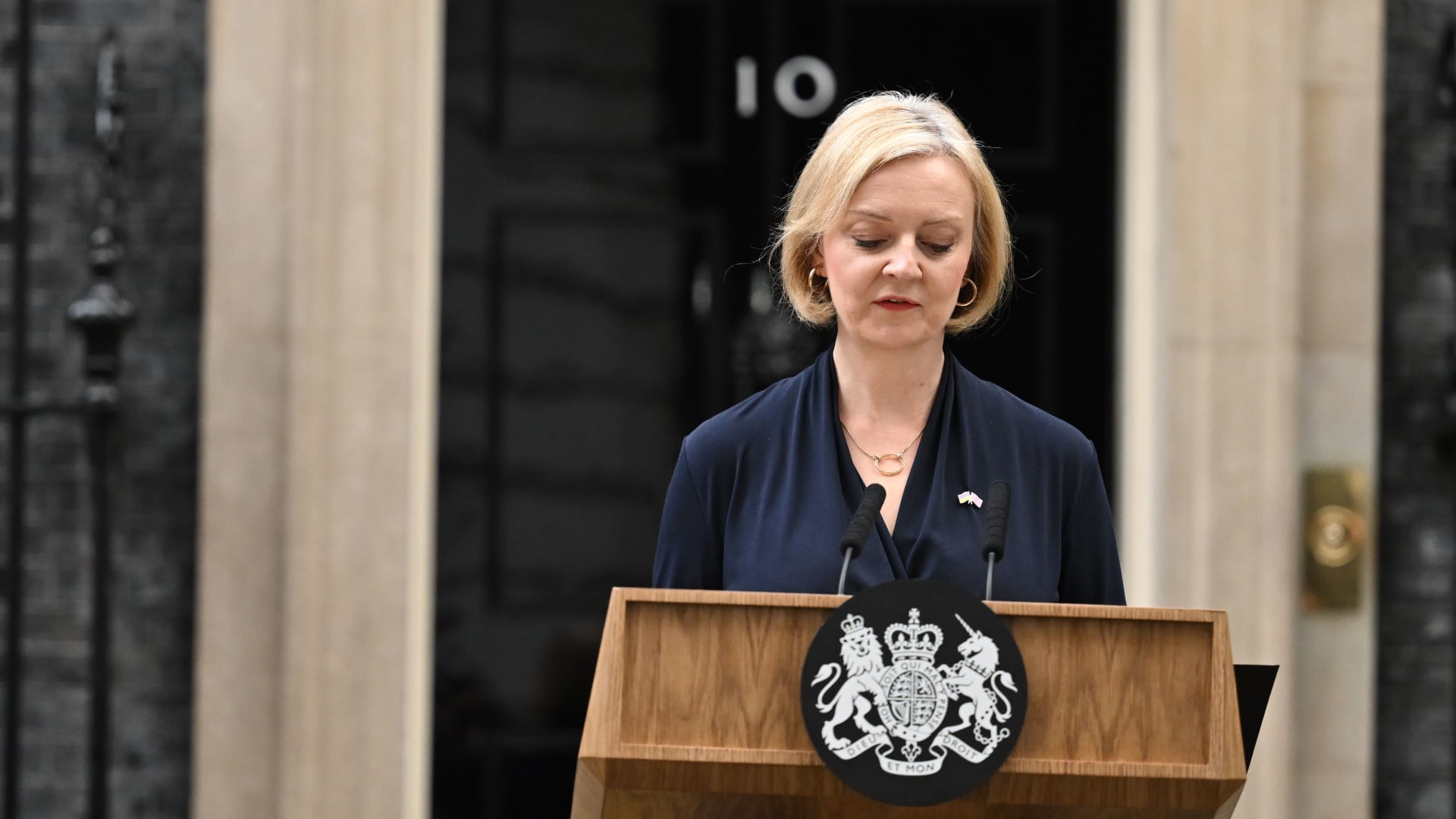 Prime Minister Liz Truss announces her resignation at 10 Downing Street on Oct. 20, 2022 in London, England.