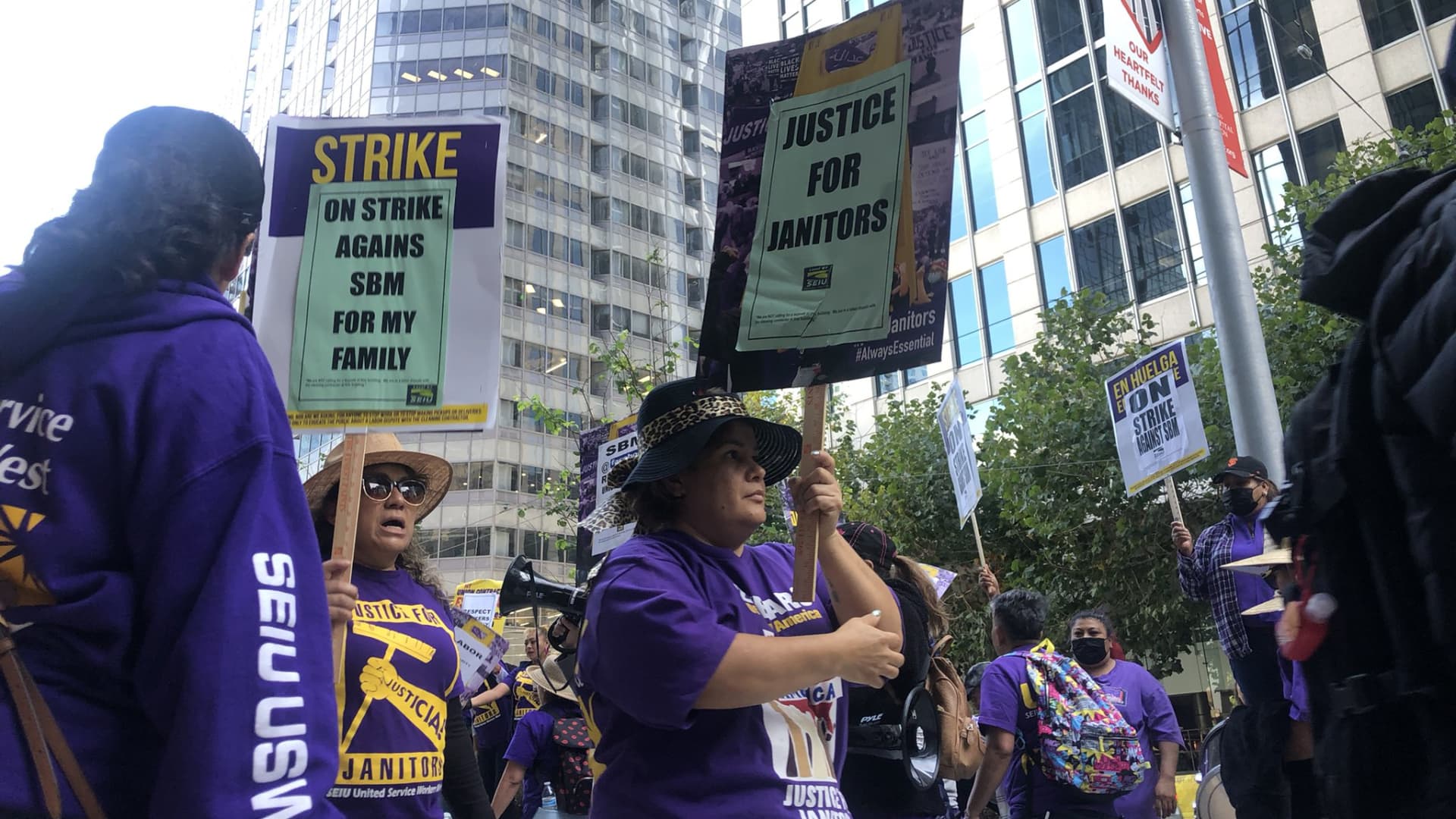 Meta janitorial staff protests job cuts.