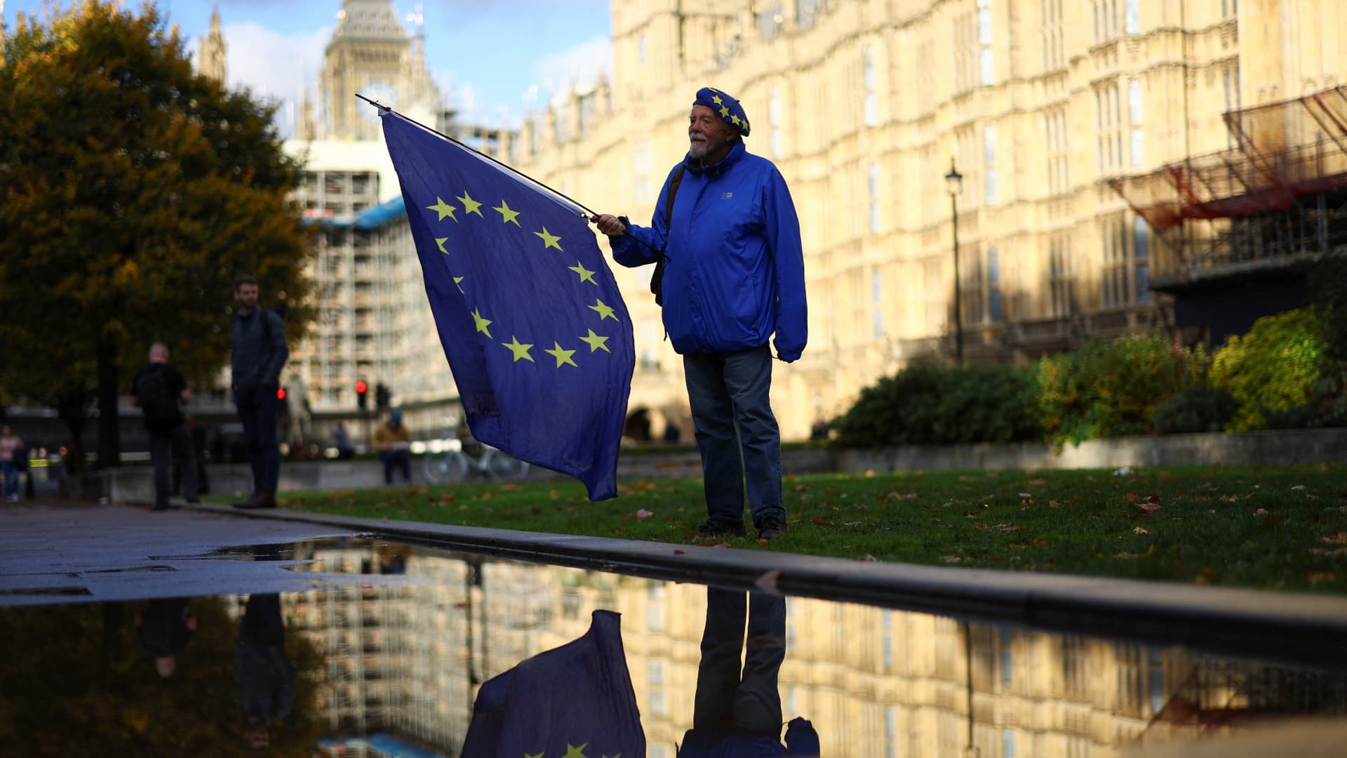 A pro-European Union protestor holds a EU flag outside the Houses of Parliament, in London, Britain October 20, 2022.