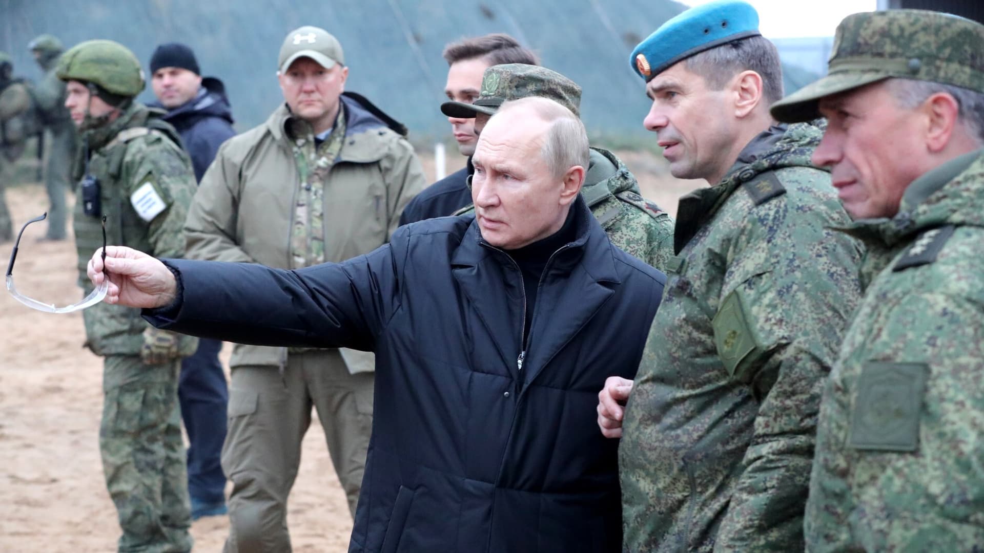Russian President Vladimir Putin inspects a training ground in the Ryazan region of Russia for recruits who were summoned for military service under a partial mobilization, on Oct. 20, 2022.