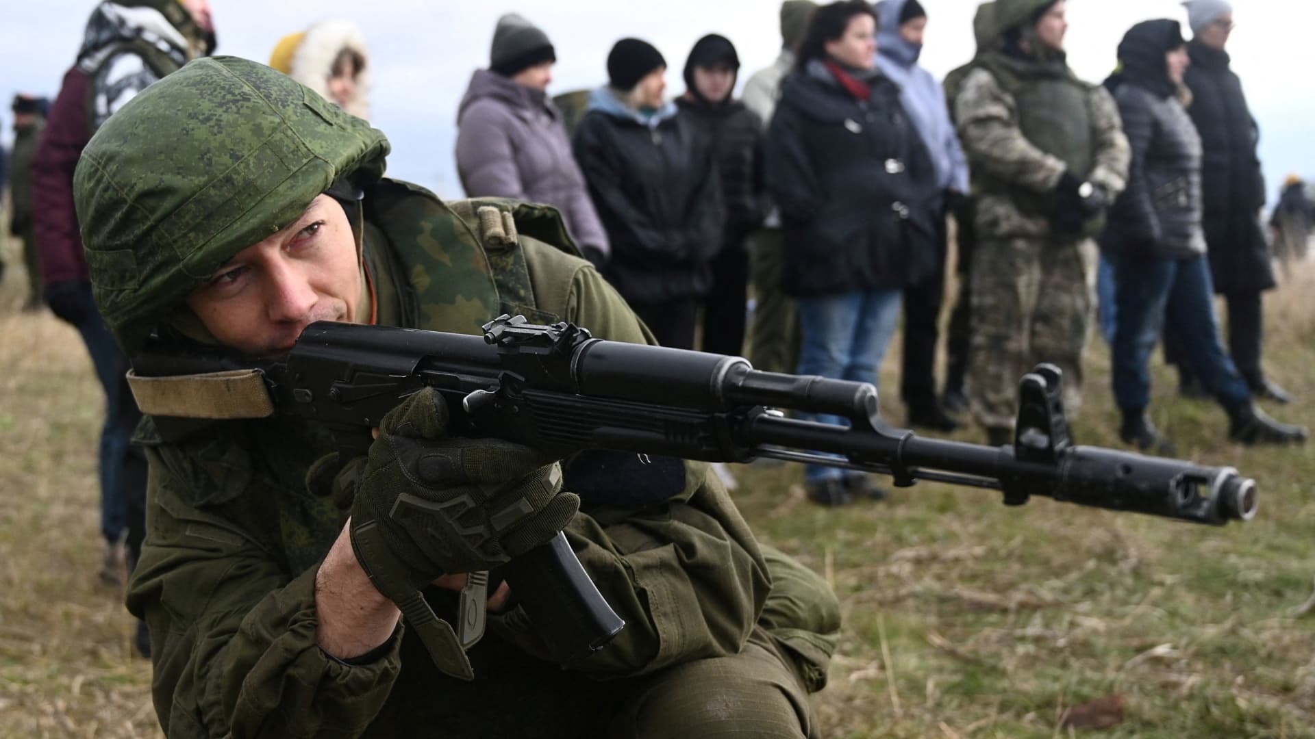 A man points a rifle during a combat training session for civilians organized by local authorities at a range in Rostov Region, Russia October 21, 2022.