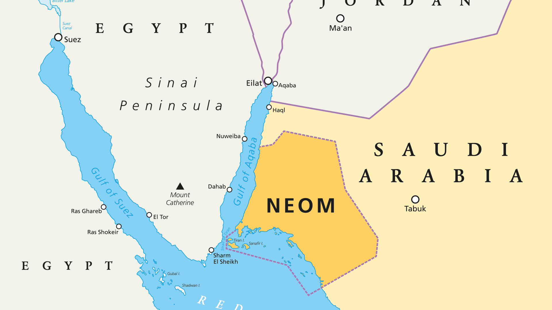 NEOM political map of the 500 billion dollar megacity project in Saudi Arabia along the Red Sea coast. Location of the smart and tourist city with autonomous judicial system. English labeling. Vector.