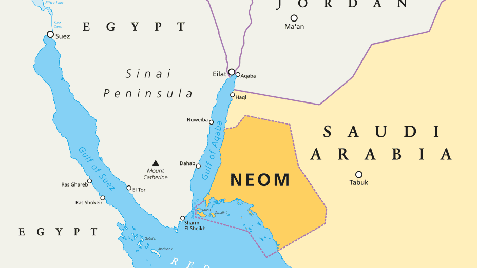 NEOM political map of the 500 billion dollar megacity project in Saudi Arabia along the Red Sea coast. Location of the smart and tourist city with autonomous judicial system. English labeling. Vector.