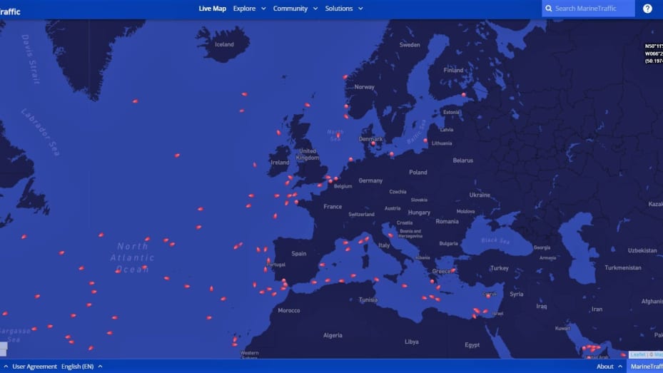 A map showing recent LNG tanker locations from maritime analytics firm MarineTraffic.