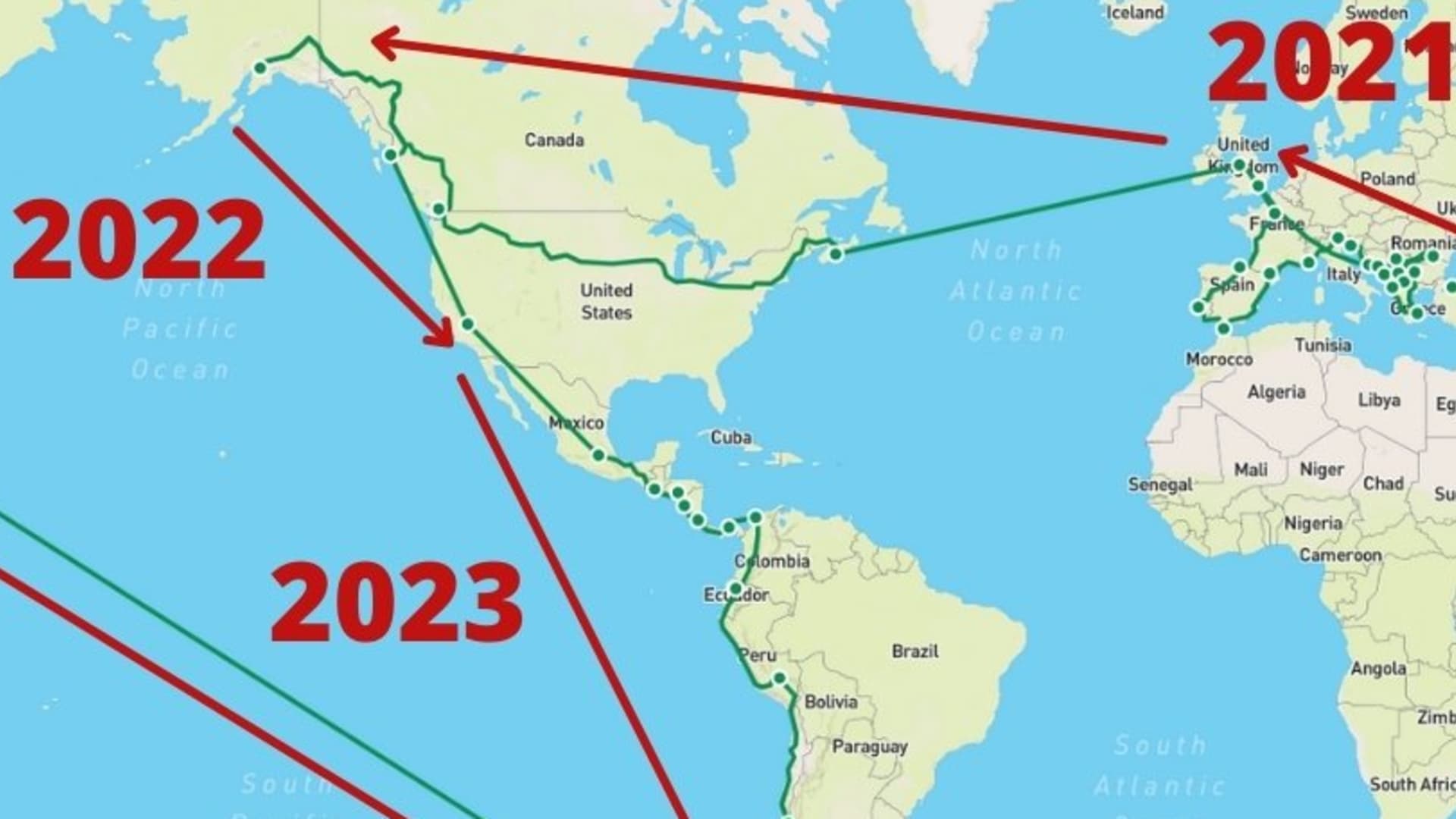 Williams and Magennis' route for 2021-2023 is shown along the green lines, with the red arrows noting the direction they intend to follow