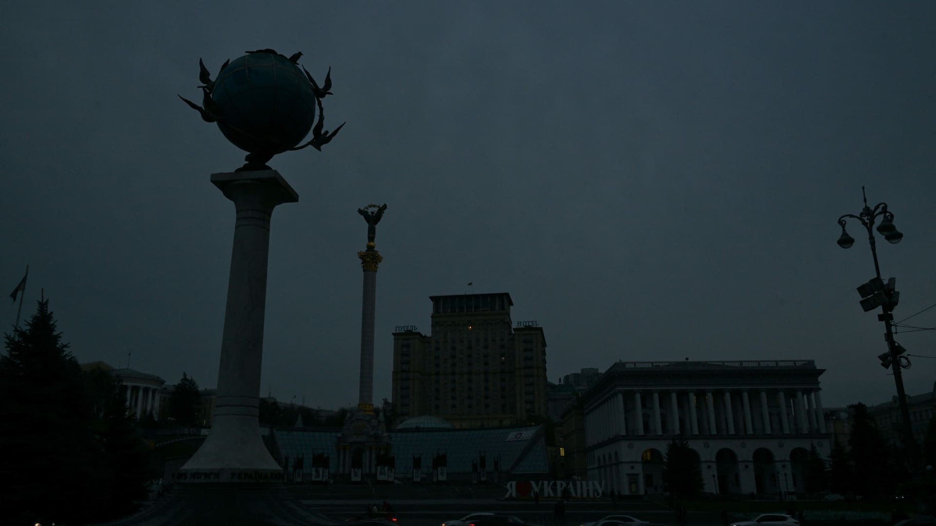 Independence Square in Kyiv during a rolling blackout of parts of districts of the Ukrainian capital following rocket attacks to critical infrastructure, on Oct. 24, 2022.