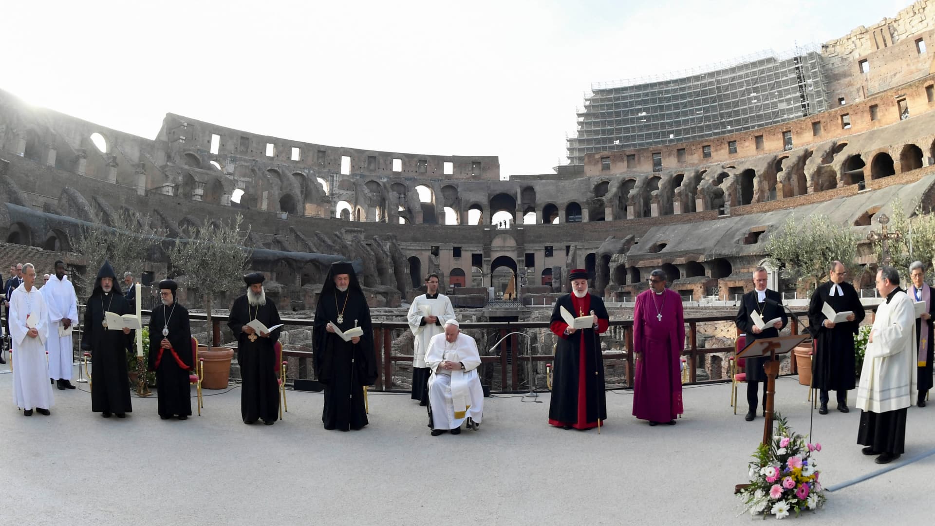 Pope Francis leads an inter-religious prayer for peace at the Colosseum in Rome, Italy, October 25, 2022.