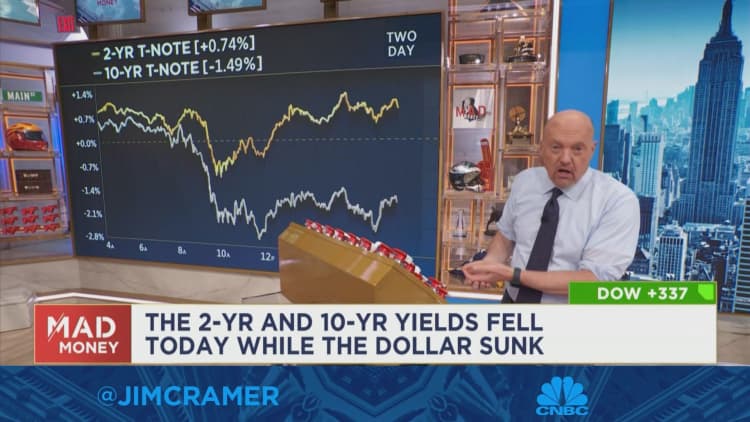 Jim Cramer says the U.S. dollar's decline helped drive Tuesday's market gains