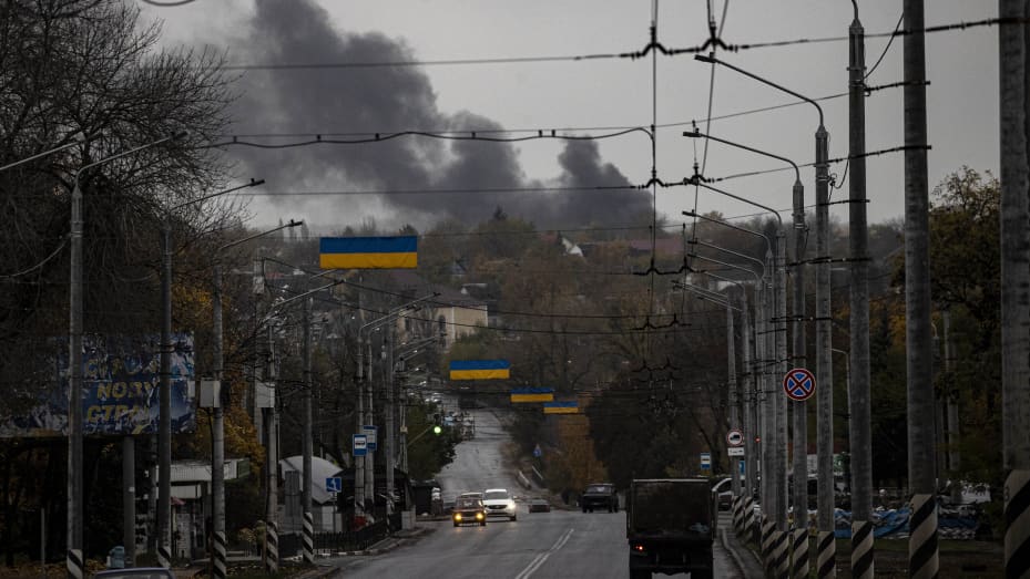 Smoke rises after a fire broke out at a factory following an airstrike by Russian forces that hit Ukraine's Kramatorsk in Donetsk Oblast as Russia-Ukraine war continues on October 27, 2022.