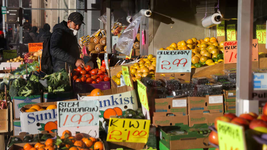Prices of fruit and vegetables are on display in a store in Brooklyn, New York City, March 29, 2022.