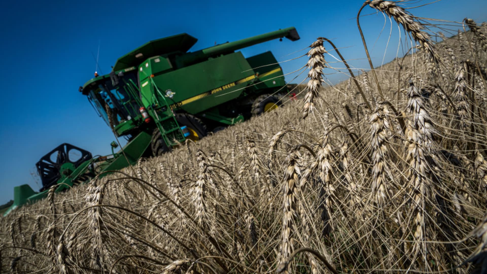 Farmers are seen harvesting wheat in Druzhkivka, Ukraine on 7 August, 2022.