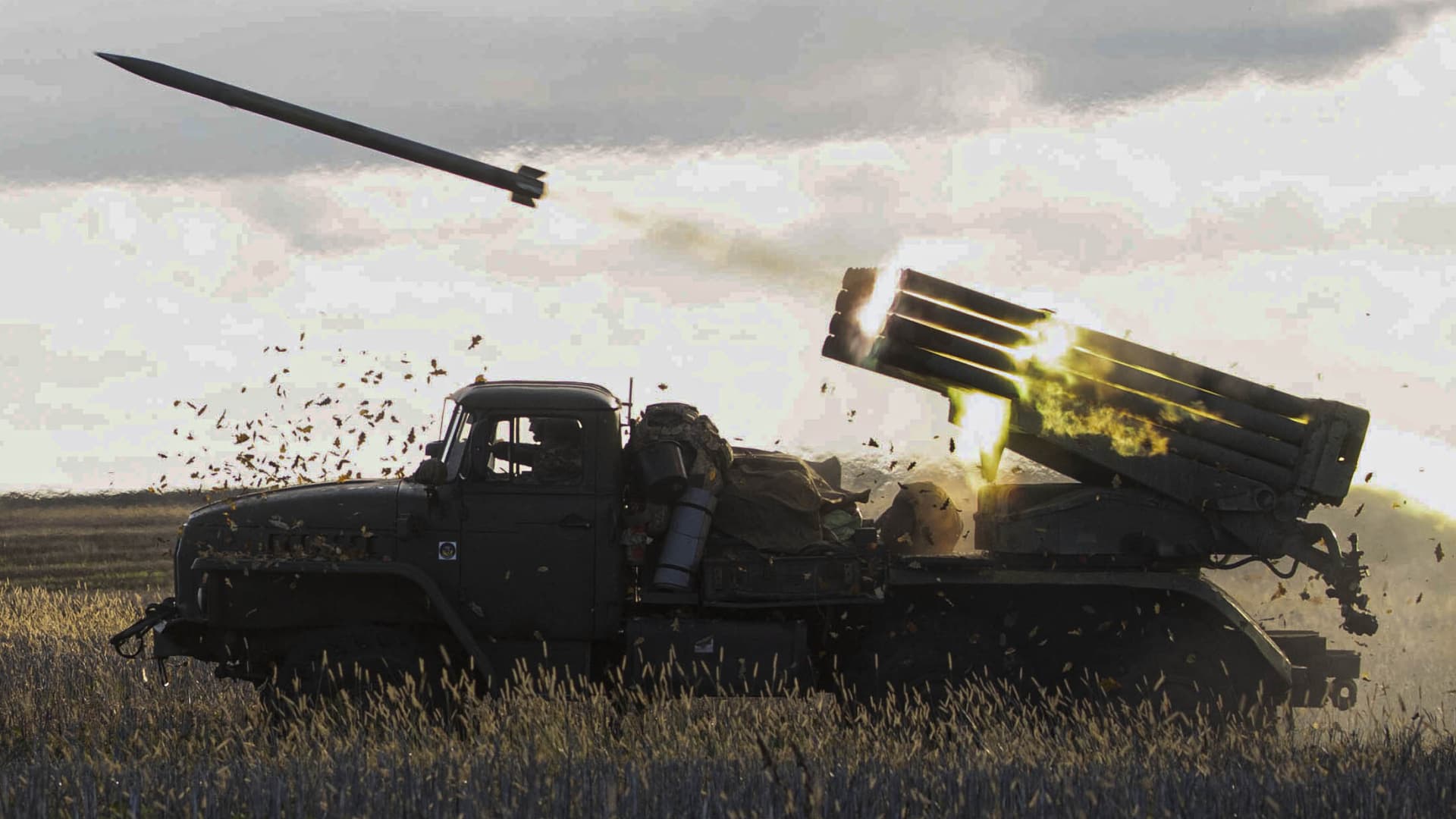 A Ukrainian rocket launches from a vehicle of the 53rd Mechanized Brigade of the Ukrainian Military forces in Donetsk Oblast on October 28, 2022.