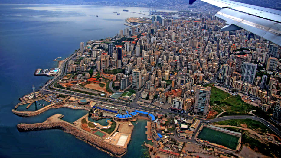 Aerial view of the seafront Manara district near downtown Beirut.