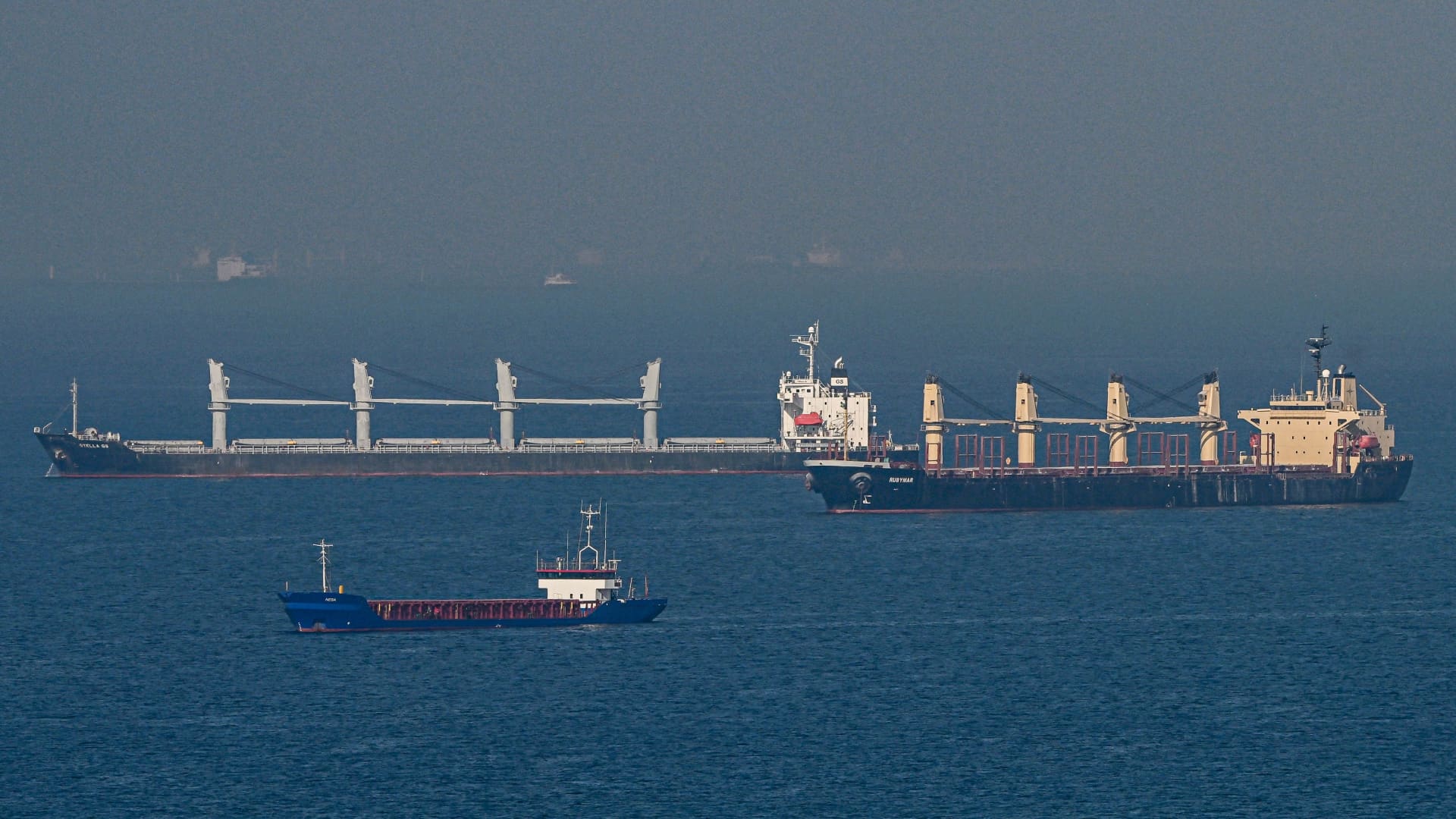 Cargo ship Rubymar (R), carrying Ukrainian grain, and cargo ship Stella GS (L) originating from Ukraine, sail at the entrance of Bosphorus, in the Black Sea off the coast off Kumkoy, north of Istanbul, on November 2, 2022.