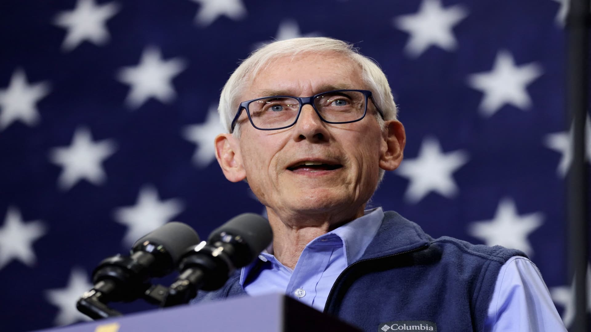 Gov. Tony Evers speaks at a rally with former U.S. President Barack Obama and Wisconsin Governor Tony Evers before the mid-term elections in Milwaukee, Wisconsin, U.S. October 29, 2022. 