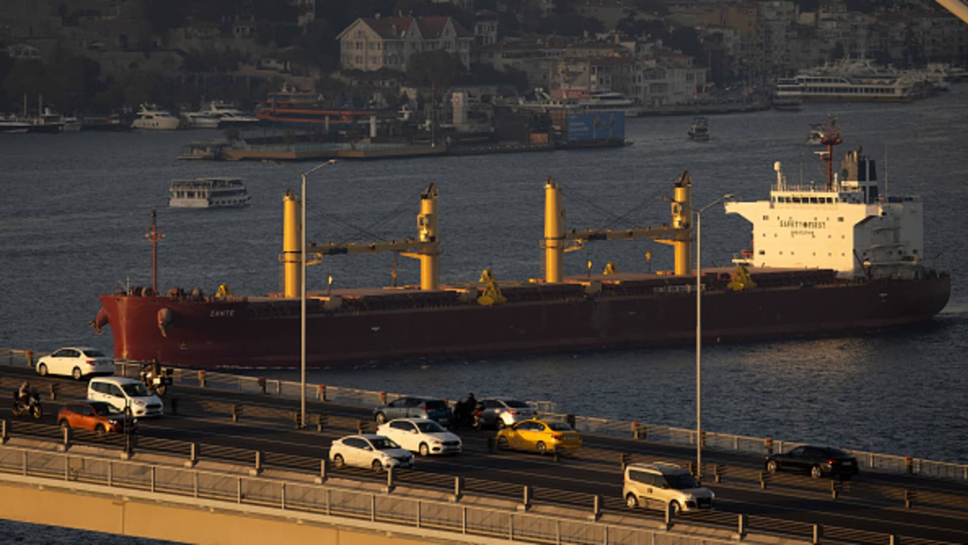 The Malta-flagged bulk carrier Zante en route to Belgium transits the Bosporus carrying rapeseed from Ukraine after being held at the entrance of the Bosporus because Russia pulled out of the Black Sea Grain agreement, on Nov. 2, 2022 in Istanbul, Turkey.