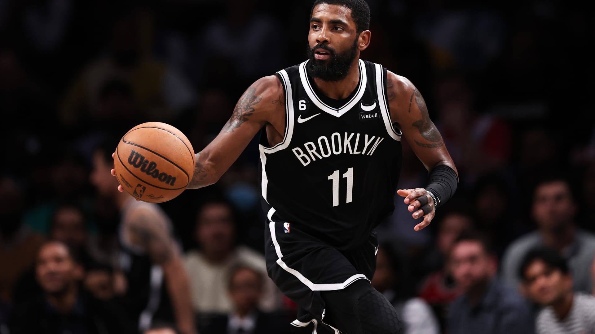 Kyrie Irving #11 of the Brooklyn Nets brings the ball up the court during the fourth quarter of the game against the Chicago Bulls at Barclays Center on November 01, 2022 in New York City.