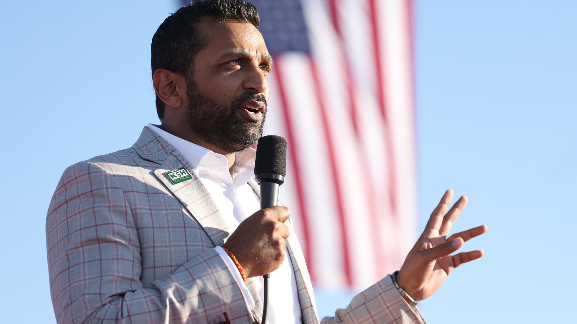 Former Chief of Staff to the Department of Defense Kash Patel speaks during a campaign rally at Minden-Tahoe Airport on October 08, 2022 in Minden, Nevada.