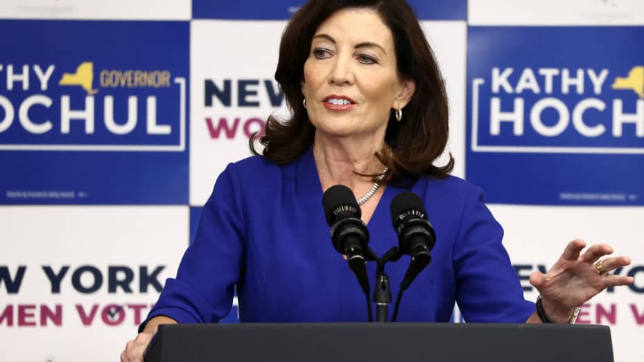 New York Governor Kathy Hochul speaks during a New York Women "Get Out The Vote" rally ahead of the 2022 U.S. midterm elections, in Manhattan, New York City, November 3, 2022.