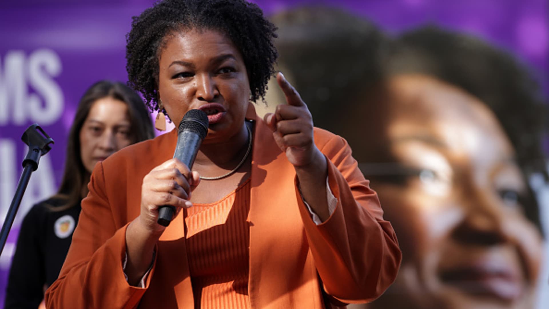 Democratic Georgia gubernatorial candidate Stacey Abrams speaks to supporters during a stop of her statewide campaign bus tour on November 5, 2022 in Savannah, Georgia.